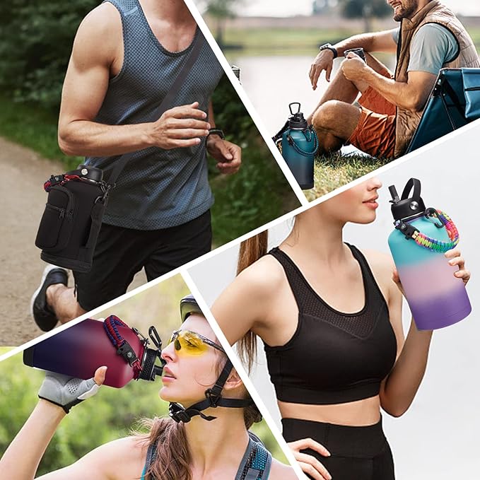 64OZ Insulated Water-Bottle with Paracord-Handle - Half Gallon Water Bottle Jug with Straw & Spout Lids, Bottle Sleeve & Boot, Keep Cold-48h Hot-24h for Fitness Outdoor Camping Hunting, Hiking