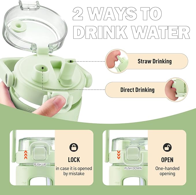 BLUEGO 32oz Glass Water Bottle with Handle and Straw|Leakproof Sports Glass Bottle with Time Marker and Silicone Sleeve|Glass Drinking Bottle for Travel, Gym, Workout, Green