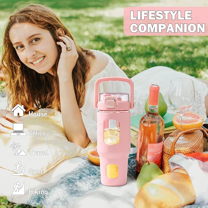 BLUEGO 32oz Glass Water Bottle with Handle and Straw|Leakproof Sports Glass Bottle with Time Marker and Silicone Sleeve|Glass Drinking Bottle for Travel, Gym, Workout, Pink