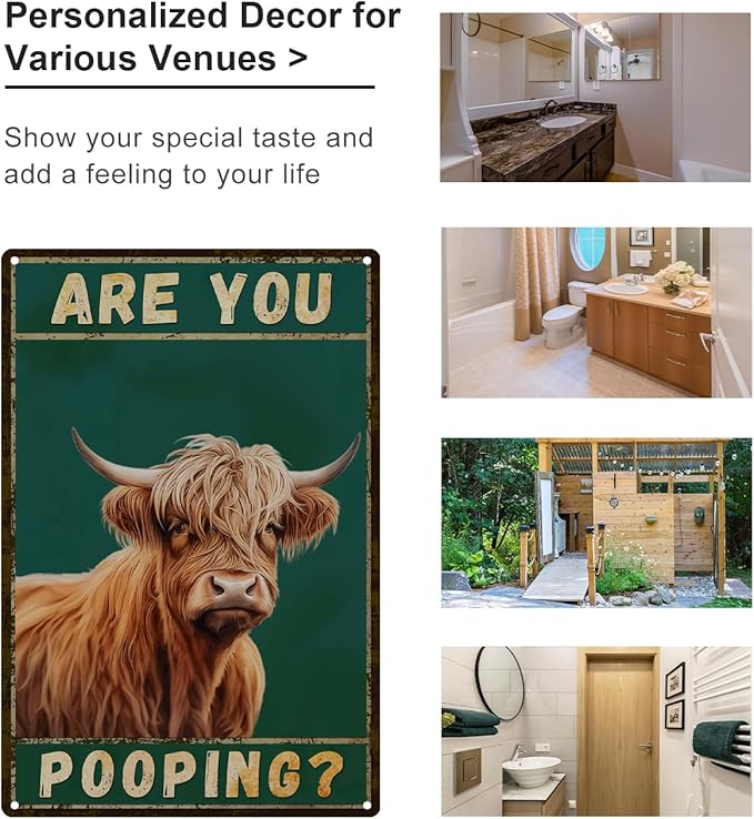 ALKB Funny Highland Cow Are You Pooping Metal Signs Vintage Farmhouse Bathroom Wall Decor Highland Cow Lovers Gift 8 x 12 Inch
