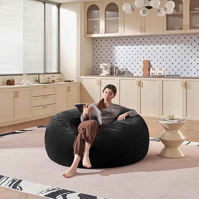 Bean Bag Chair 4Ft, Memory Foam Filled, Large Beanbag Chairs for Adults and Teens, Soft Sofa with Removable Flannel Cover, Round Couch for Living Room Bedroom College Dorm (Black, 4FT-47×47"×24")