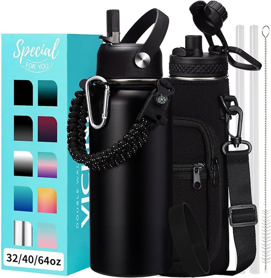 32oz Insulated Water Bottles - with Straw Spout Lid, Bottle Holder Strap Sleeve, Survival Paracord Handle, Protective Cup Mat, Sweat-Proof Water Bottle, Metal Thermo Flask for Sports Workout