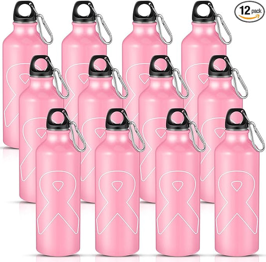 12 Pieces Breast Cancer Awareness Gifts Aluminum Water Bottles Pink Ribbon Breast Cancer Gift for Women Leak Proof Lightweight Portable Bottles for Marathon Running (Classic Style,20 oz)