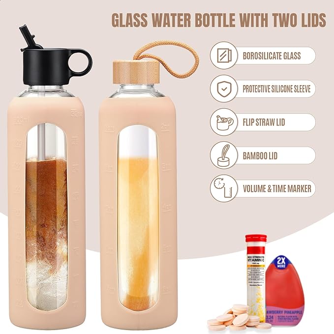 32oz Glass Water Bottle With 2 Lids-Flip Straw Lid, Bamboo Lid, Glass Water Bottle With Silicone Sleeve, Motivational Time Marker, Glass Juice Bottle for Cold Drink,Amber