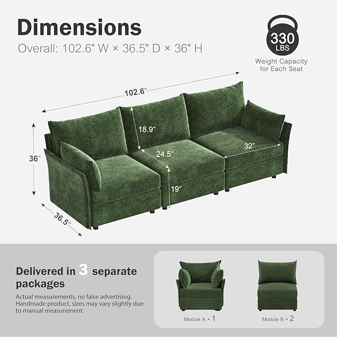 102.6" Modular Sectional Sofa, Oversized 3-Seater Green Couch with Removable Chenille Fabric Cover, Deep Seat & High Backrest for Living Room, Office & Apartment