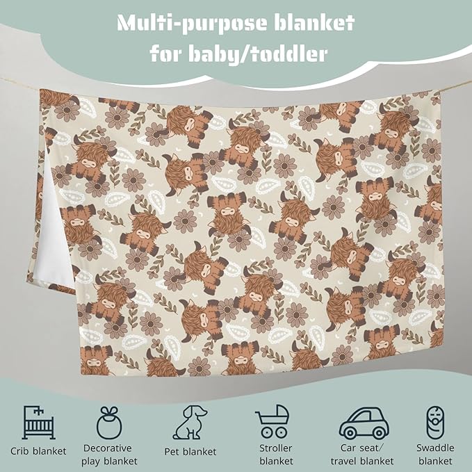 Boho Highland Cow Paisley Floral Baby Blanket Girls Gift, Beige Western Cowgirl Flower Flannel Fleece Nursery Bed Blankets, Soft Lightweight Newborn Infant Toddler Kids Crib Bedding 40 x 50
