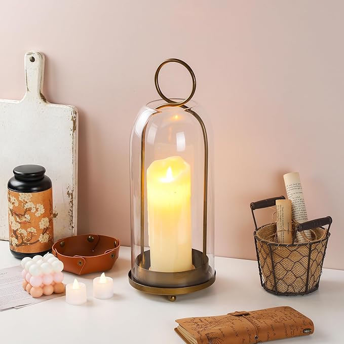 16" High Versatile Modern Metal Hurricane Lantern with Handmade Sturdy Glass Dome for Pillar Candle & Plants (Brass, 6.3"x16.5")
