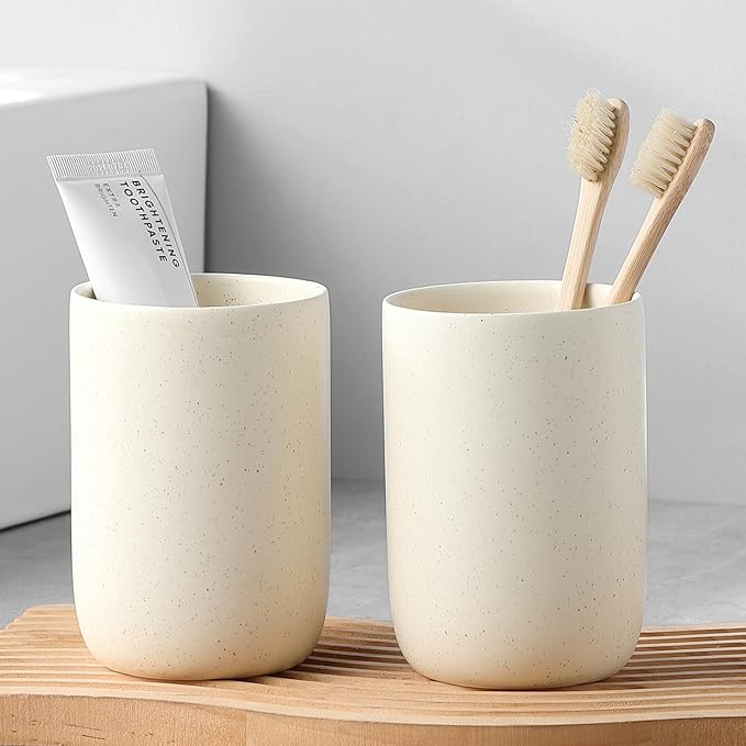 Beige Toothbrush Holders for Bathrooms - 2 Cups Ceramic Toothbrush Toothpaste Holders Set, Beige Bathroom Tumbler Cups Reusable Toothbrush Mouthwash Cup, Bathroom Counter Organizer