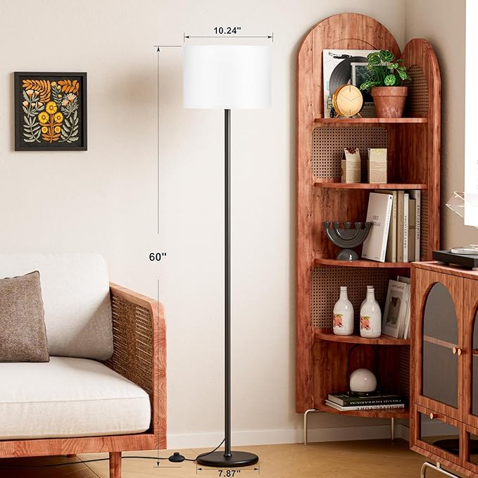 Ambimall Floor Lamp for Living Room with Smart Light Bulb, RGB + Stepless Dimmable Colors Temperature & Brightness(White Shade & Black Pole)