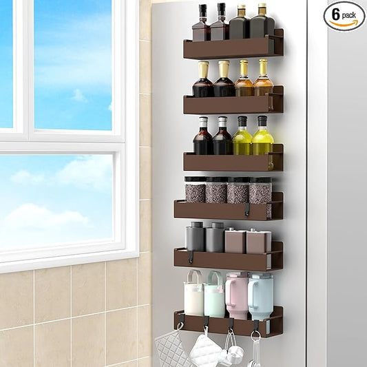 6 Pack Magnetic Spice Rack Organizer for Refrigerator and Oven, Brown Fridge Organizers and Storage for Kitchen