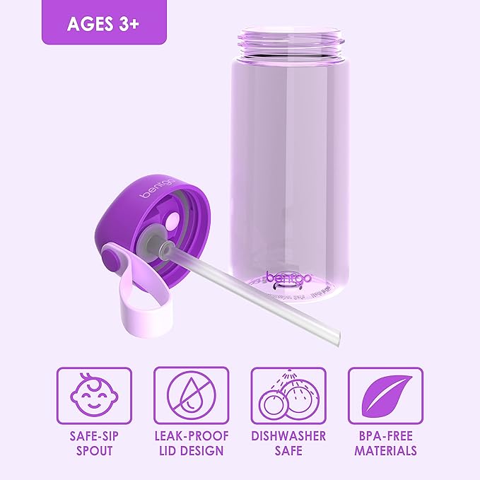 Bentgo Kids Water Bottle - Leak-Proof, Durable Tritan™, BPA-Free 15 oz. Cup for Kids/Toddlers Ages 3+ - Flip-Up Straw & Dishwasher Safe for School, Sports, Daycare & Camp (Purple)