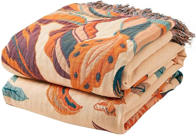 Boho Throw Blanket for Bed, 100% Cotton Soft Rustic Quilt Fall Blanket, 60"x80" Floral Printed Farmhouse Decor Bed Blankets, All Season Rustic Reversible Bohemian Throw Quilt