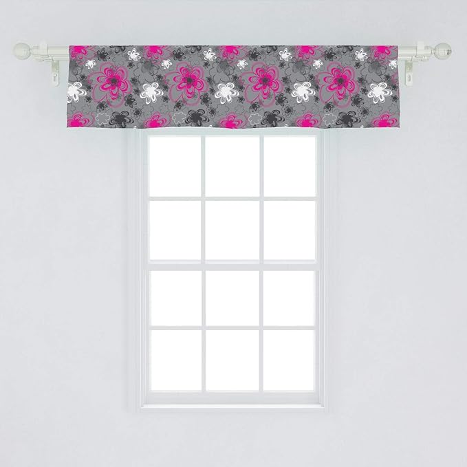 Ambesonne Vintage Floral Window Valance, Vibrant Colored Free Hand Drawing Style Blossoms Antique Retro, Curtain Valance for Kitchen Bedroom Decor with Rod Pocket, 54" X 12", Pink Black