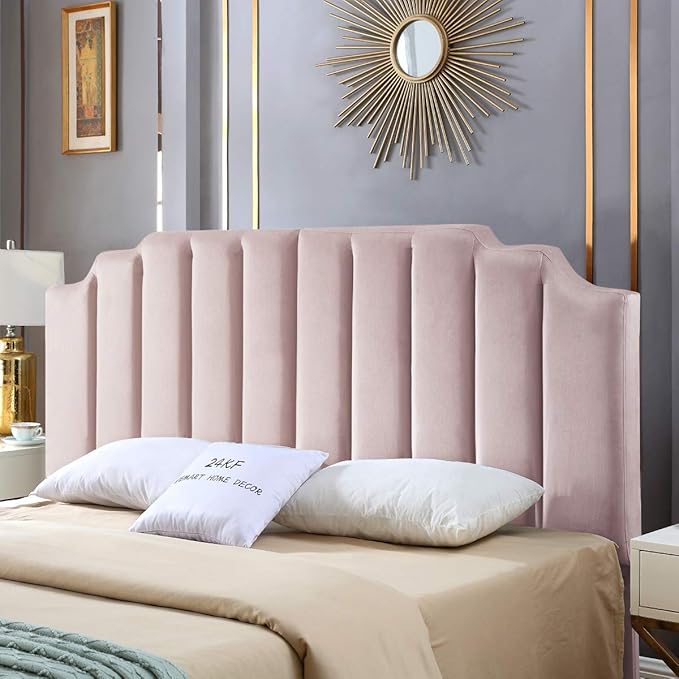 24KF Pink Velvet Tufted King Upholstered Headboard, Modern Vertical Channel Design California King Headboard with Stepped Silhouette Top Edge, Pink