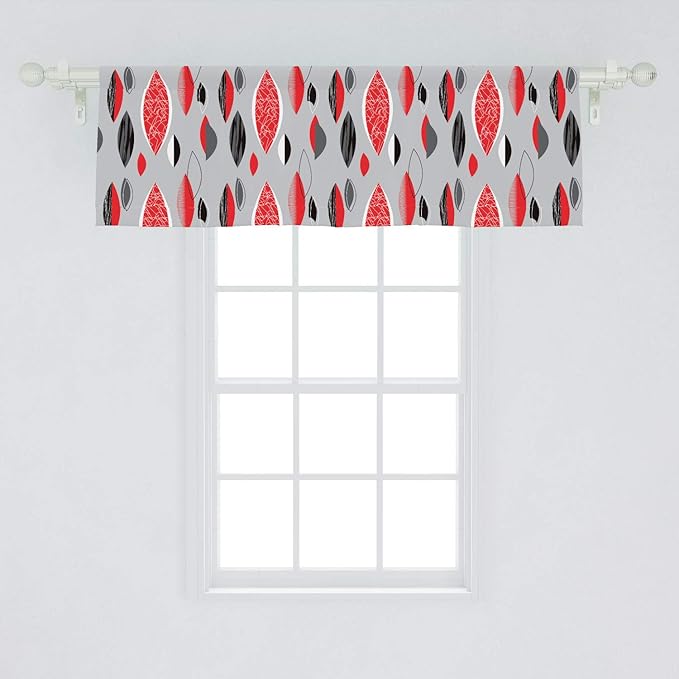 Ambesonne Mid Century Window Valance, Abstract Oval Leaf Forms with Different Designs and Color Combinations, Curtain Valance for Kitchen Bedroom Decor with Rod Pocket, 54" X 18", Red Black