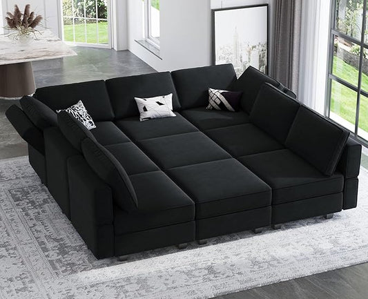 Belffin Modular Sectional Sofa with Ottomans Velvet Reversible Sleeper Chaise Bed Storage Seat Black