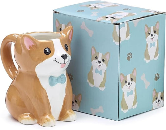 Burton Corgi Coffee Mug with Gift Box, Brown Porcelain Ceramic Cup with Handle, 10 oz Capacity