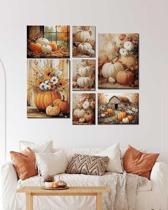 Autumn Pumpkin Barn Framed Wall Art Decor, Moody Fall Decor Rustic Country Landscape Picture Print for Farmhouse Decor,Thanksgiving Decorations Country Canvas Wall Art, Ready to Hang