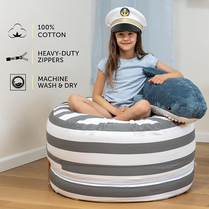 2 Sizes in 1 Stuffed Animal Storage Bean Bag Chair Cover for Kids & Adults | Washable XL Stuffie Seat | 100% Cotton | Pouf Organizer for Plush Toys, Linens, Quilts & Pillows | Royal Grey