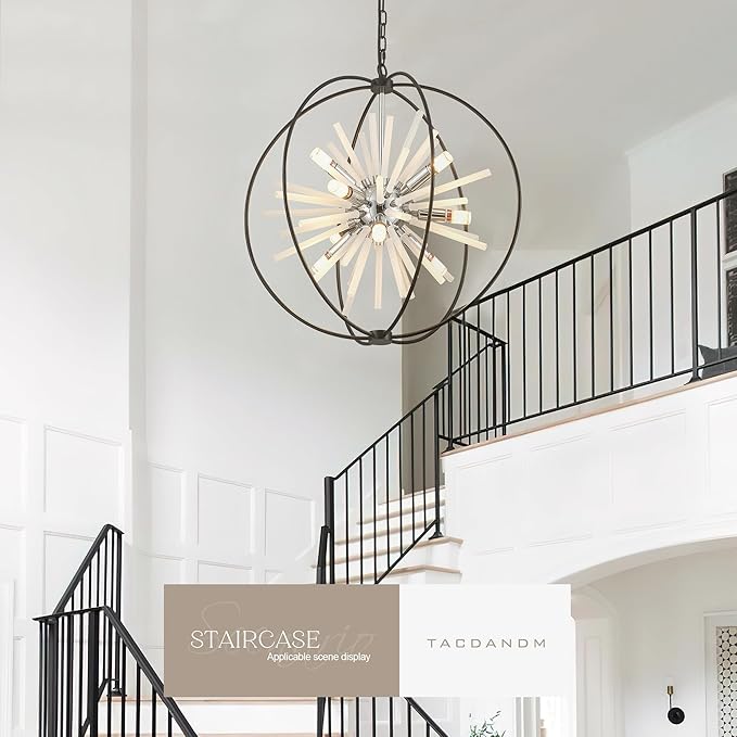 23.6" Black Chrome 12-Light Globe Sputnik Chandelier Modern Adjustable Hanging Ceiling Glass Tube Pendant Light Fixture for Entryway Foyer Staircase Dining Living Room Hallway