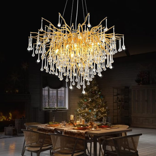 31.5 Inch Modern Crystal Chandeliers,10-Light Gold Tree Branch Chandelier Hanging Light Fixtures,Raindrop Chandeliers for Dining Room,Living Room