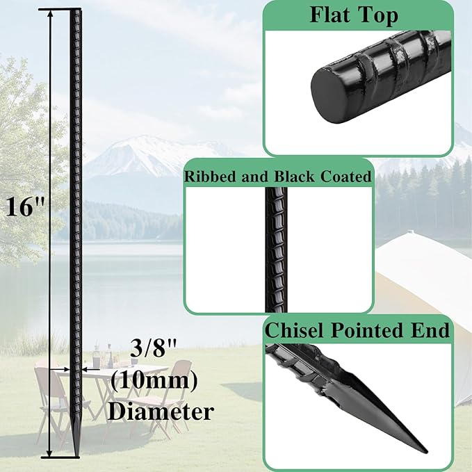 16 Inch Rebar Stakes 30 Pack Heavy Duty Ground Anchors with Chisel Point End Long Straight Steel Tent Stakes 3/8" Thickness Metal Spikes Black Coated for Concrete Timber Camping Garden Plant