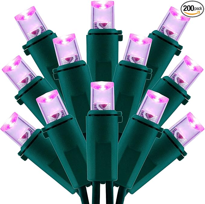 200 Count Pink Wide Angle LED Christmas Lights, 66 ft Green Wire UL Certified Commercial Grade 5mm Holiday String Light Set (Pink)