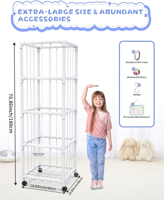 71" Extra Large Stuffed Animal Storage, Stuffed Animal Zoo Storage Cage, Premium PVC with Wheels Toy Storage Holder, Plush Toys Corner Organizer for Kids Playroom, Bedroom, Nursery