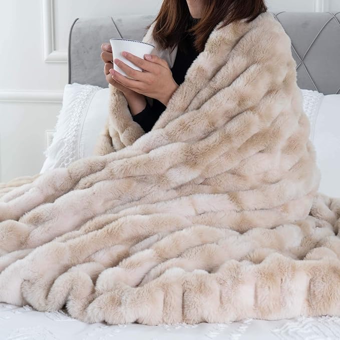 BATTILO HOME Ruched Luxury Faux Fur Throw Blanket Beige Tie-dye Rabbit Fur Blanket for Couch, Living Room, Fuzzy, Soft, Plush, Cozy, Elegant with Reversible Mink Blanket Beige, 60"x80"