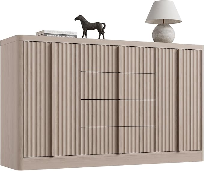 Buffet Cabinet with Storage, 60" Fluted Coffee Bar Cabinet with 4 Drawers & 2 Doors, Solid Wood Handle, Credenza Accent Storage Cabinet for Kitchen Living Dining Room, Natural Oak(1PCS)