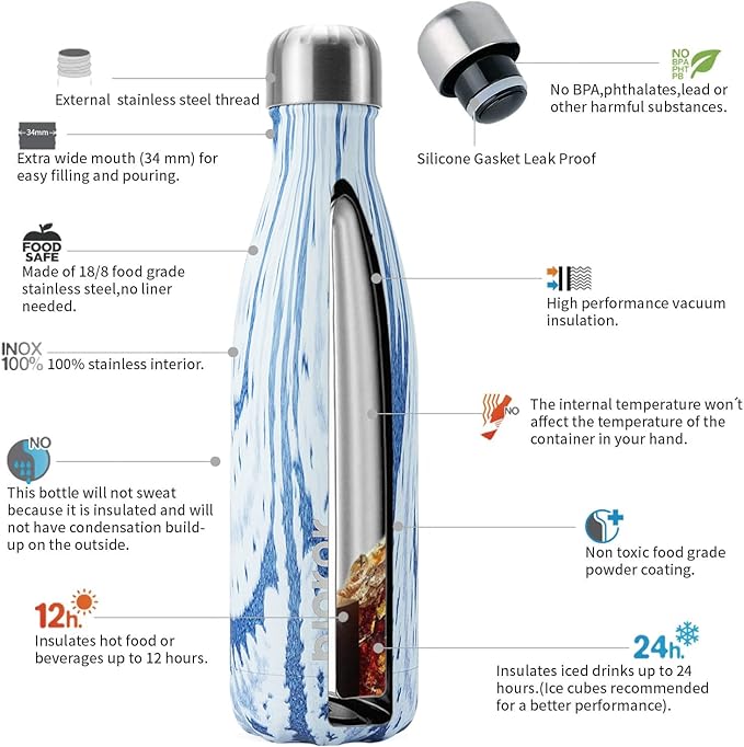 BJPKPK 17 oz Stainless Steel Insulated Water Bottles Reusable Sports Water Bottle For Travel,Wood-Denim Graphics