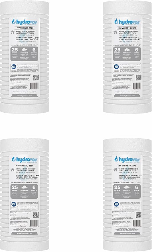 4.5 x 10 Inch Large Capacity Whole House Water Filter, NSF 42 Certified 25 Micron Sediment Filtration, Pack of 4