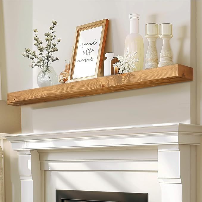 60x7x3 Fireplace Mantel - Solid Rustic Wood - Wall Mounted Floating Shelf with Invisible Heavy Duty Steel Bracket (Natural Wood)