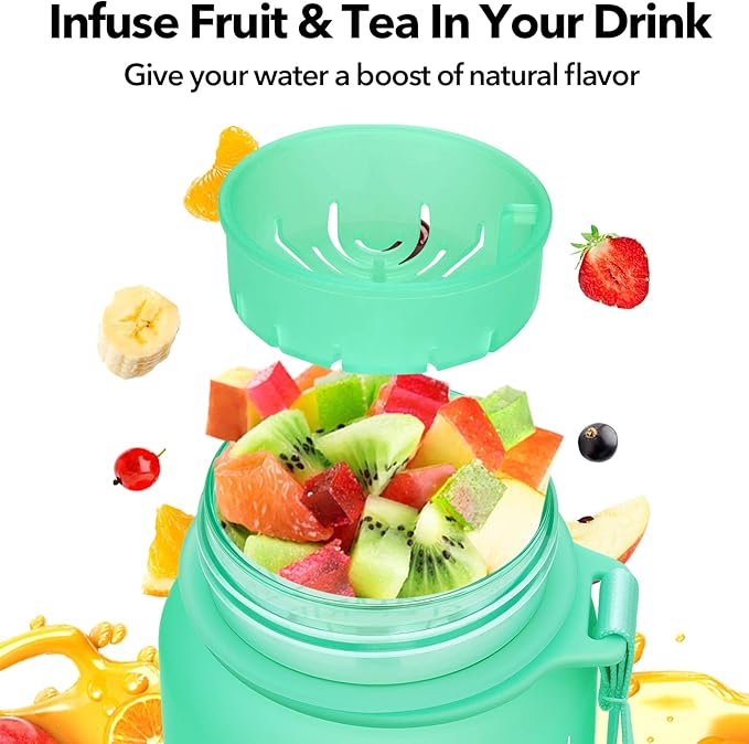 32oz Motivational Water Bottle with Time Marker & Fruit Strainer, Leak-proof BPA Free Non-Toxic Bottle with Carrying Strap, Perfect for Fitness, Gym and Outdoor Sports