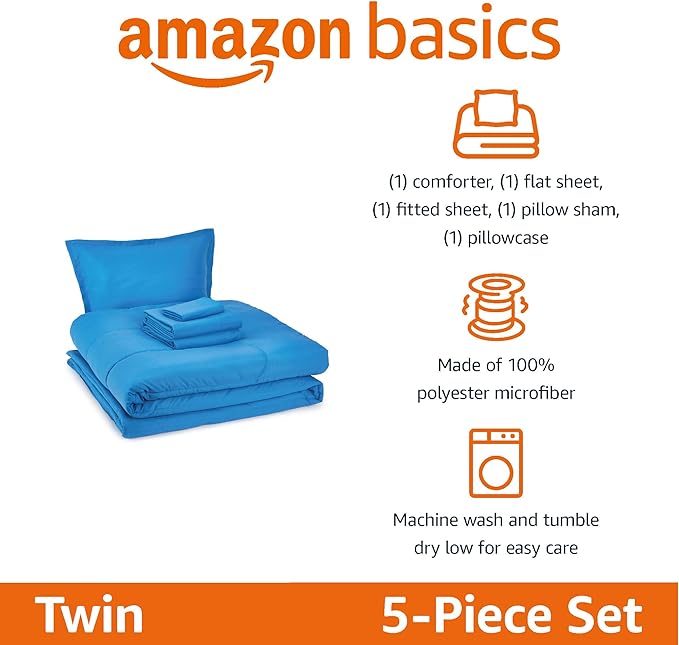 Amazon Basics 5 Piece Microfiber Kid's Bed-in-a-Bag Bedding Set, Twin, Blue, Solid