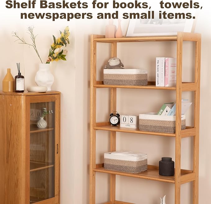 3 Pack Small Storage Baskets for Organizing, Cute Woven Decorative Gift Baskets for Shelves, Mini Closet Organizer Bins with Handles-13''Lx8.66''Wx5.11''H-Brown White