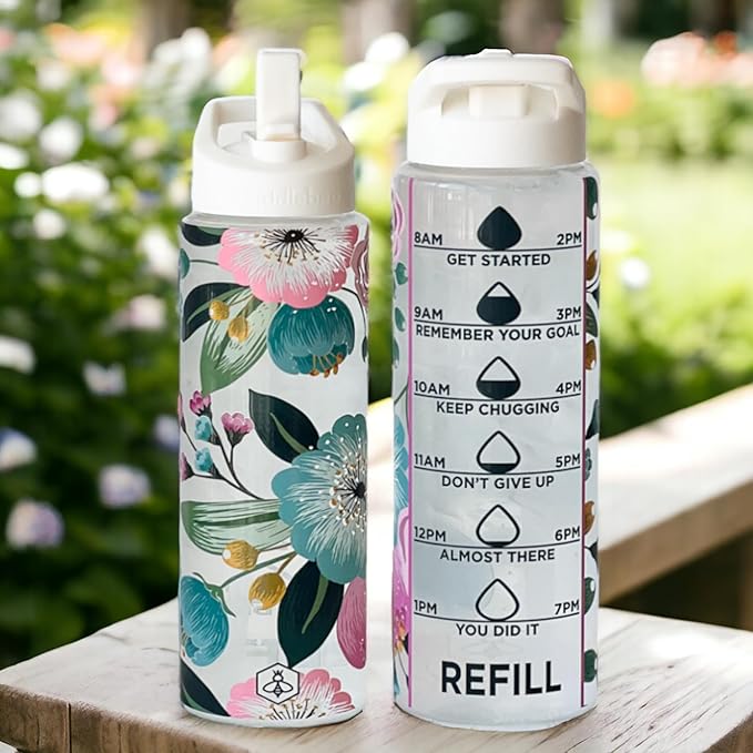 Biddlebee 32oz. Hydration Tracker Water Bottles with Times To Drink | Big Motivational Water Bottle with Time Marker, Straw Lid, & Measurements | BPA-Free (Pretty Flowers)