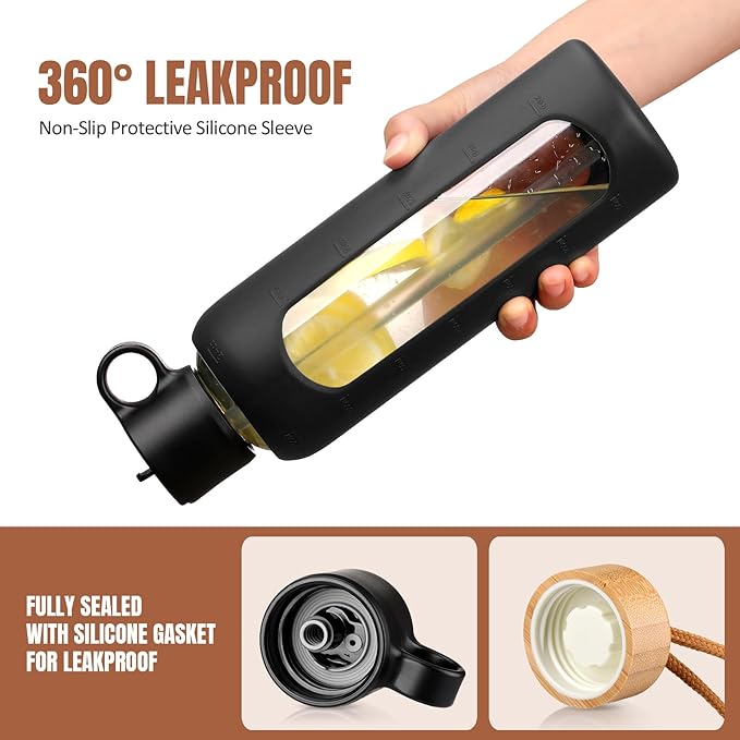 24oz Glass Water Bottle With 2 Lids-Flip Straw Lid, Bamboo Lid, Glass Water Bottle With Silicone Sleeve, Motivational Time Marker, Glass Juice Bottle for Cold Drink,Black