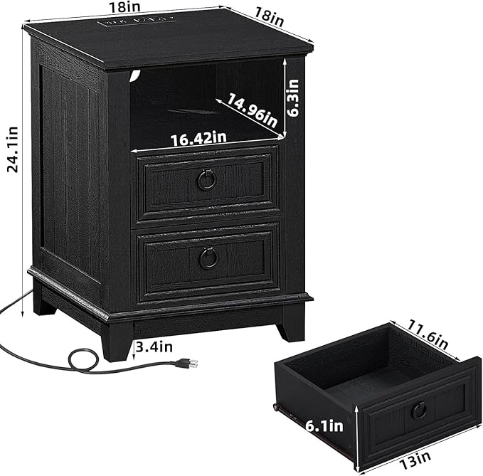 18" Night Stands Set of 2 with Charging Station, Farmhouse 2 & 3 Drawers End Table Dresser for Bedroom, Black Wooden Nightstand, Bed Side Table with Open Shelf, Bedside Cabinet for Living Room