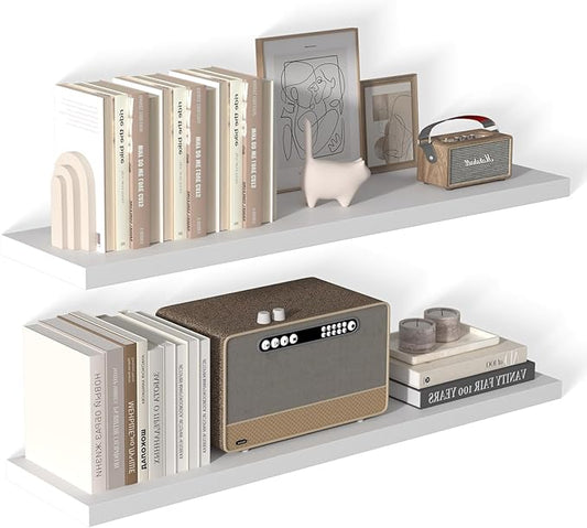 48 Inch Floating Shelf 2 Pack Large Floating Shelves for Wall No Drilling Accessories Included Deep Wall Shelves for Living Room Kitchen Farmhouse 48" W x 12" D x 1.2" White