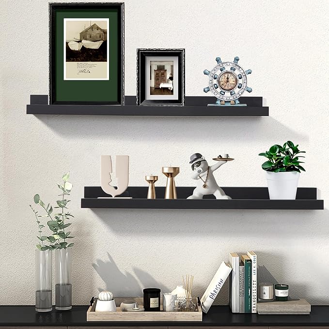 Black Floating Shelves for Wall 24 Inch Wall Shelves with Lip Modern Picture Ledge Shelf Wall Mount Photo Shelves Room Decor Hanging Book Shelves Set of 2 for Bedroom Living Room Bathroom Kitchen