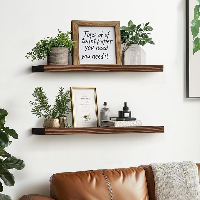 24"x6.8"x1.2" Solid Wood Floating Shelves 2-Pack - Rustic Brown Finish with Hidden Brackets, Perfect for Storage and Décor in Living Room, Kitchen, Bedroom