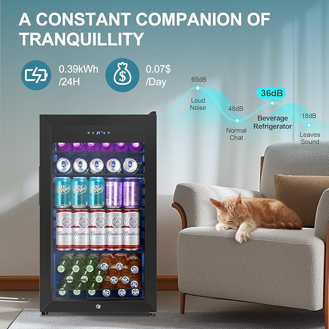 128 Cans Beverage Refrigerator Cooler, 3.2 Cu.Ft Mini Drink Fridge Glass Door for Drink Beer Soda Wine, Small Beer Fridge with 4 Removable Shelves for Kitchen Bedroom, Office Bar Gaming Room, Black