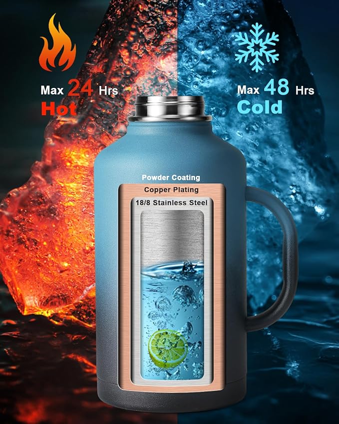 64 oz Insulated Stainless Steel Water Bottle with Handle and Carry Pouch, Half Gallon Mug Tumbler with Straw Lid Spout Lid,Reusable Metal Water Bottle Jug Flask Cup,Keep Cold & Hot,Indigo Black