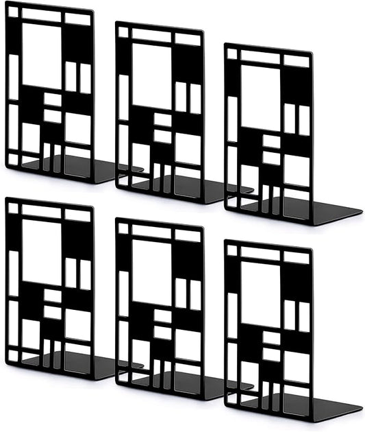Book Ends, Bookends, Book Ends for Shelves, Bookends for Heavy Books, Book Divider Decorative Holder, Metal Heavy Duty Bookend Black 3 Pair, Abstract Art Desgin Book Stopper Supports for Office, Home