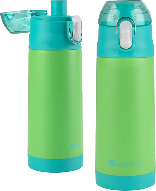 Bentology Stainless Steel 13oz Insulated Kids Water Bottle w Built In Straw- Easy to Open, Reusable BPA-Free, Fits in Most Lunch Boxes for Boys, Girls, School, Sports, Camp- Keep Drink Cold All Day
