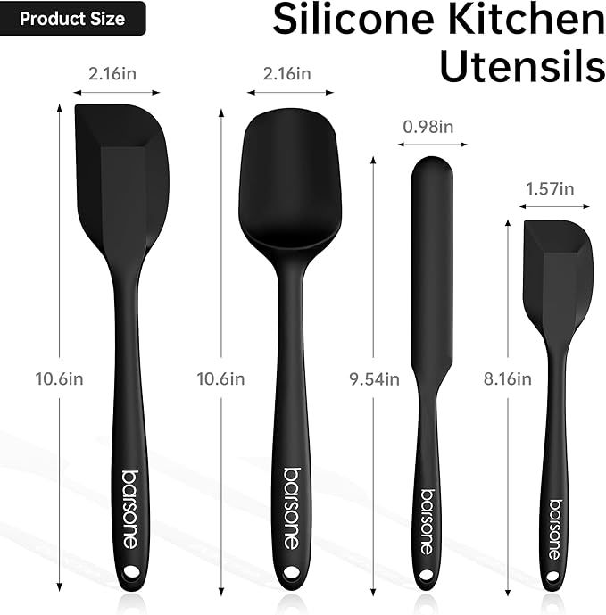 Barsone 4-Piece Silicone Spatula Set（ Heat Resistant 446°F Food Grade BPA Free, Nonstick Cookware Safe Dishwasher Safe Kitchen Tools for Baking, Cooking, Stirring, Black）