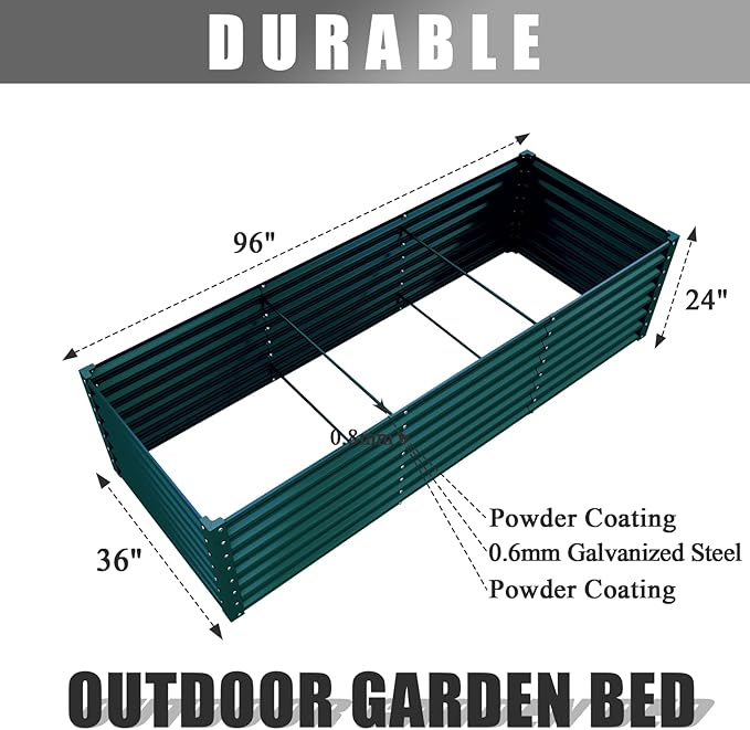 1 Pack 8x3x2FT Galvanized Raised Garden Bed Kit Retangular Metal Ground Planter Box Outdoor Bottomless Planter Raised Beds for Vegetables Flowers Herbs Fruits, Green