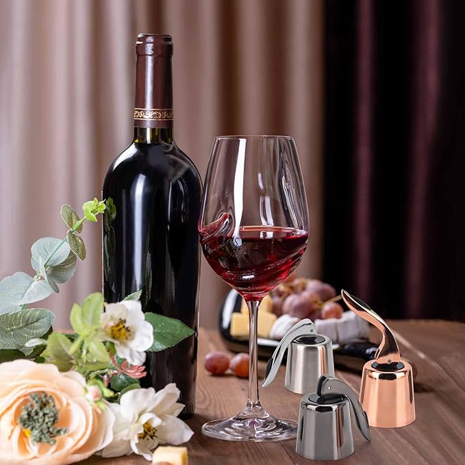 3Pcs Stainless Steel Wine Stoppers, Reusable Wine Bottle Stopper with Silicone Seal, Wine Saver and Decorative Bottle Sealer, Beverage and Wine to Keep Fresh (Silver+Black+Rose Gold）