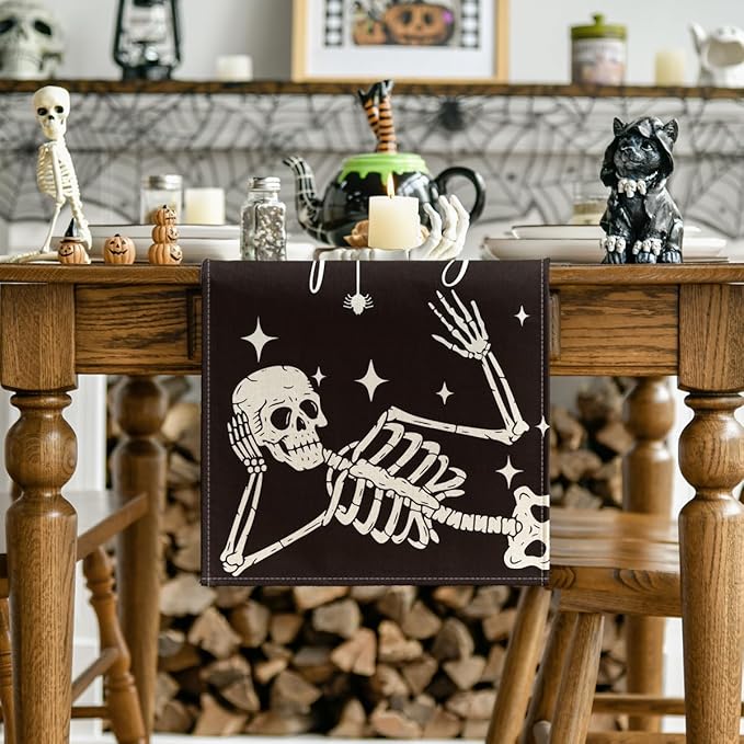 Artoid Mode Spooky Skeleton Spider Bone Halloween Table Runner, Holiday Kitchen Dining Table Decoration for Home Party Decor 13 x 108 Inch